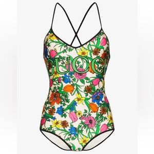 Gucci Floral Print Logo Green Criss Cross One Piece Swimsuit Bathingsuit S Small